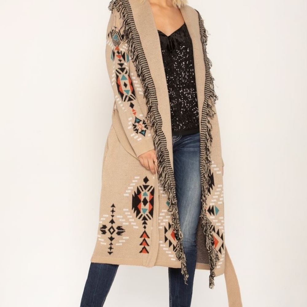 ISO MISS ME TAUPE AZTEC BELTED FRINGE DUSTER CARDIGAN